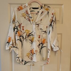 Nwot - Zara White Floral Blouse with Orange and Yellow Accents